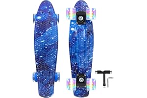 Nattork 22 Inch Mini Cruiser Skateboards for Kids with Colorful Light Up PU Wheels Beginners Complete Skateboard