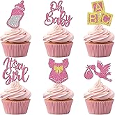 12Pcs Pink Oh Baby Cupcake Toppers - Glitter Bow Dress Bottle Swan Cupcake Picks It's a Girl Cupcake Decoration for Gender Reveal Baby Shower Girls Birthday Party Decor