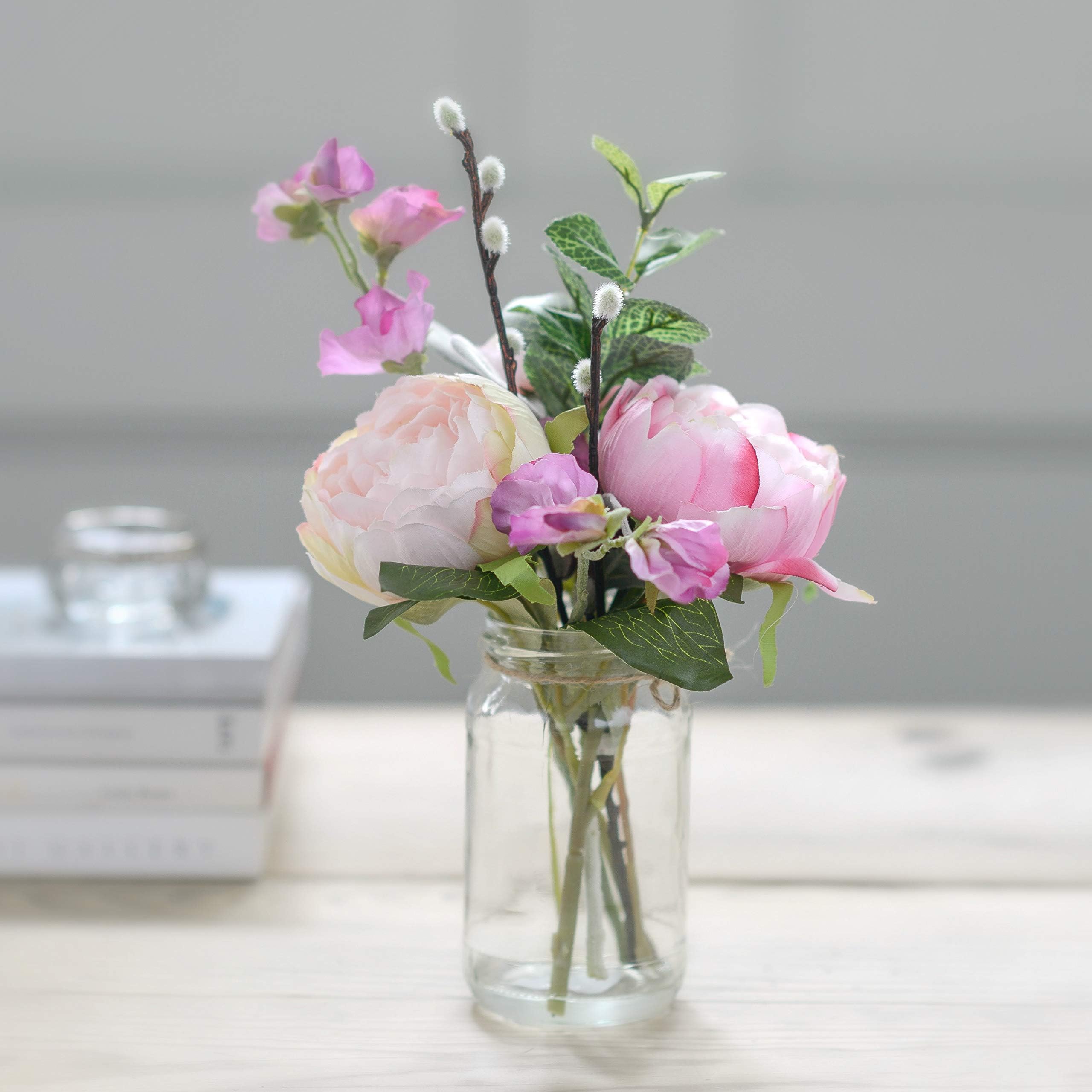 ARTIFICIAL PINK GARDEN PEONY & SWEET PEA FAUX POSY VINTAGE JAM JAR – Flowers & Fast Delivered - Ideal Birthday, Anniversary, Thank You & Wedding Flower Gift – HAND-MADE BY UK FLORIST