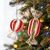 WDS WONDROUS Glass Christmas Candy Ornaments, Candy Christmas Decorations Set of 2 – Red White Transparent Peppermint Hanging Ornament Decor for Xmas Tree Decorations Winter Holiday Party & Home Decor
