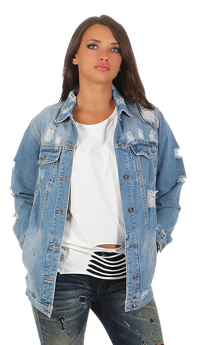 JONEEL Damen Übergangsjacke Jeansjacke Herbstjacke Jacke Destroyed Look Basic Denim Boyfriend in Übergrößen aus Baumwolle