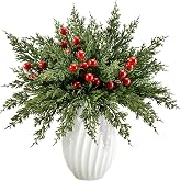 ComfyKit 45PCS Artificial Christmas Pine Branches with Red Berry Stems | Flexible Faux Cedar Sprigs for Wreaths, Garlands, Vases, Centerpieces, and Seasonal DIY Arrangements