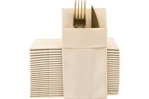 MOYES HOME Beige Dinner Napkins Cloth Like with Built-in Flatware Pocket, Linen-Feel Absorbent Disposable Paper Hand Napkins for Kitchen, Bathroom, Parties, Weddings, Dinners or Events, 16x16 inches, Pack of 50