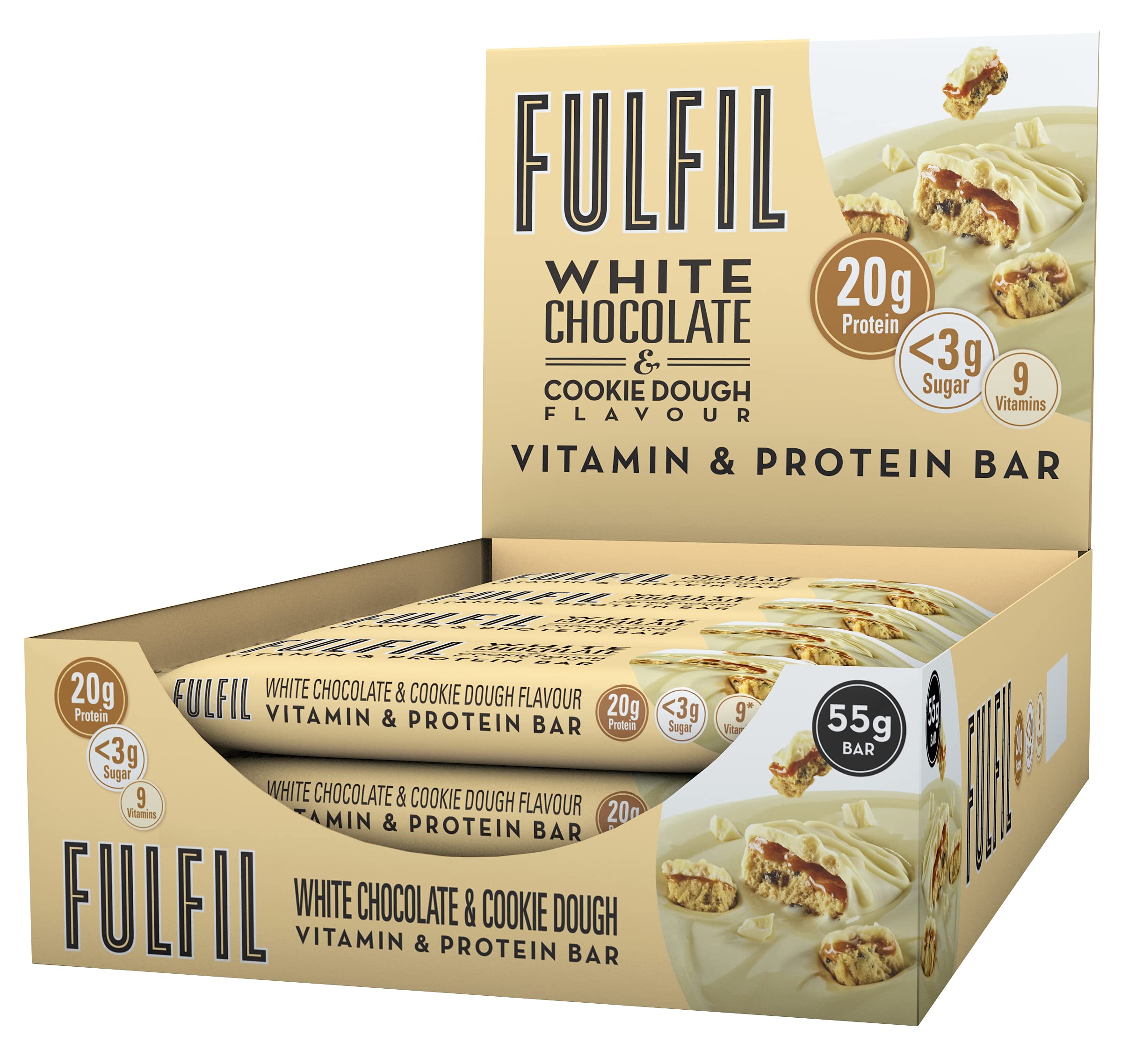 FULFIL Vitamin and Protein Bars (15 x 55 g Bars) — White Chocolate Cookies and Cream Flavour — 20 g High Protein, 9 Vitamins, Low Sugar
