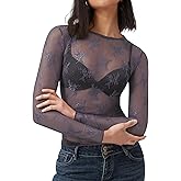 AKEWEI Womens Mesh Long Sleeve Tops Crew Neck Sexy See Through Tee Shirts Party Club Night Lace Blouse