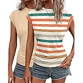 INNOVATOP 2Pack Womens Fall Cap Sleeve Tops Business Casual Crewneck Ruched T Shirts Trendy Outfits Beach Vacation Clothes