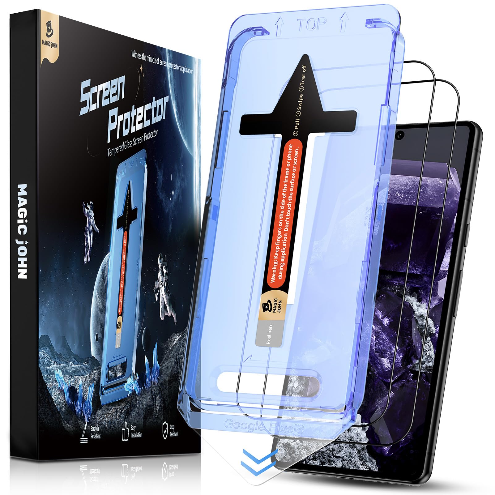 MAGIC JOHN 2 Pack for Google Pixel 8 Tempered Glass Screen Protector, Auto Dust-Elimination, Bubble Free, HD Clear, Easy Installation
