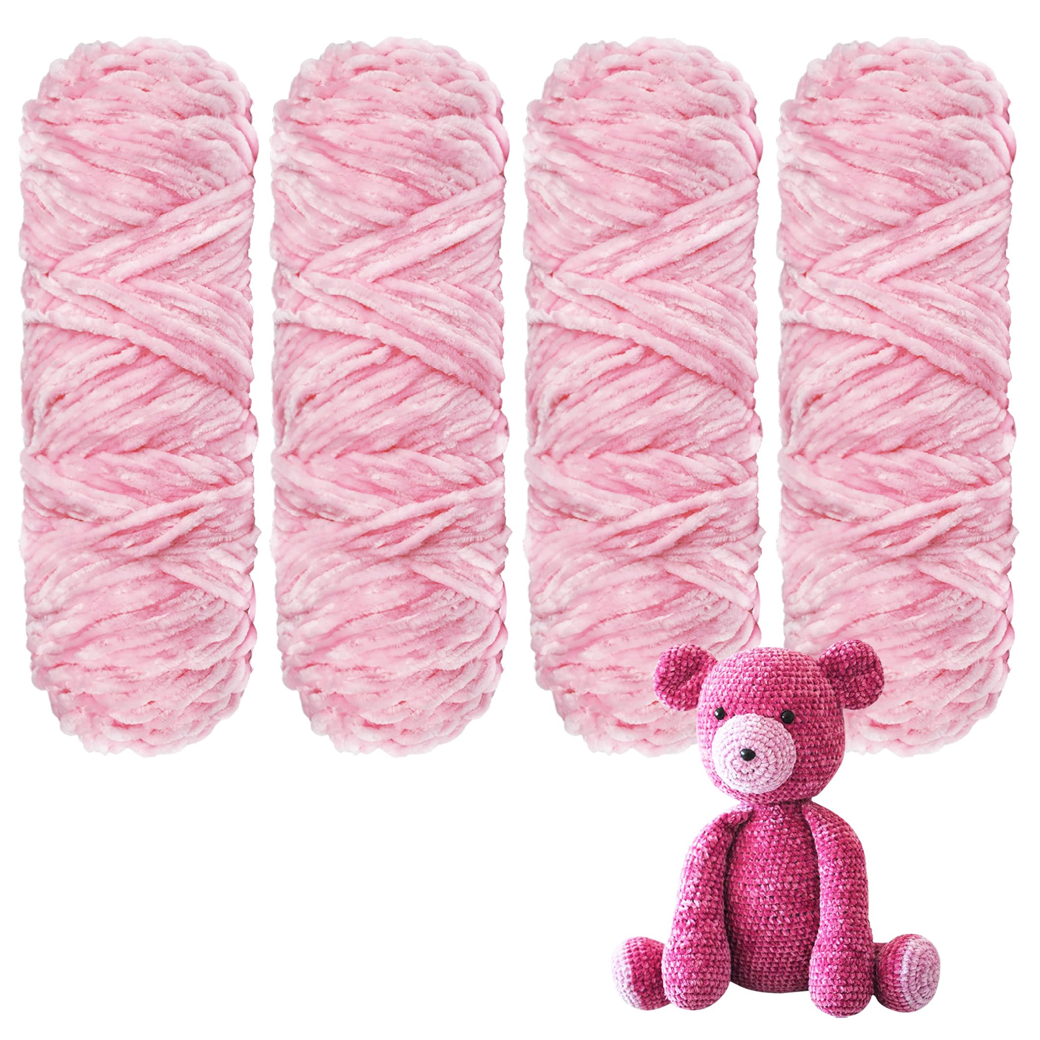 Crochet Yarn Chunky Yarn for Crochet Chunky Wool for Knitting 100g Balls x 4 Chenille Yarn Wool for Crochet Kits for Beginners Adults for Handmade Crafts Hats Blankets Scarves(Pink, 4pcs-400g)