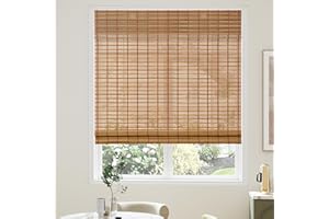 AGESISI Bamboo Roman Shades with Valance Cover, Cordless Blinds for Indoor Windows, Light Filtering Woven Wood Shades for Home & Patio, Privacy Protection, 34" W x 64" H, Carbonized