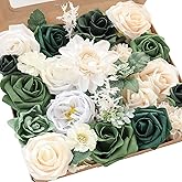 Floroom Olive Green Artificial Flowers Forest Green Fake Roses Peonies Dahlia Greenery Combo Box Set for DIY Wedding Bouquets Bridal Shower Centerpieces Floral Arrangement Party Tables Home Decoration