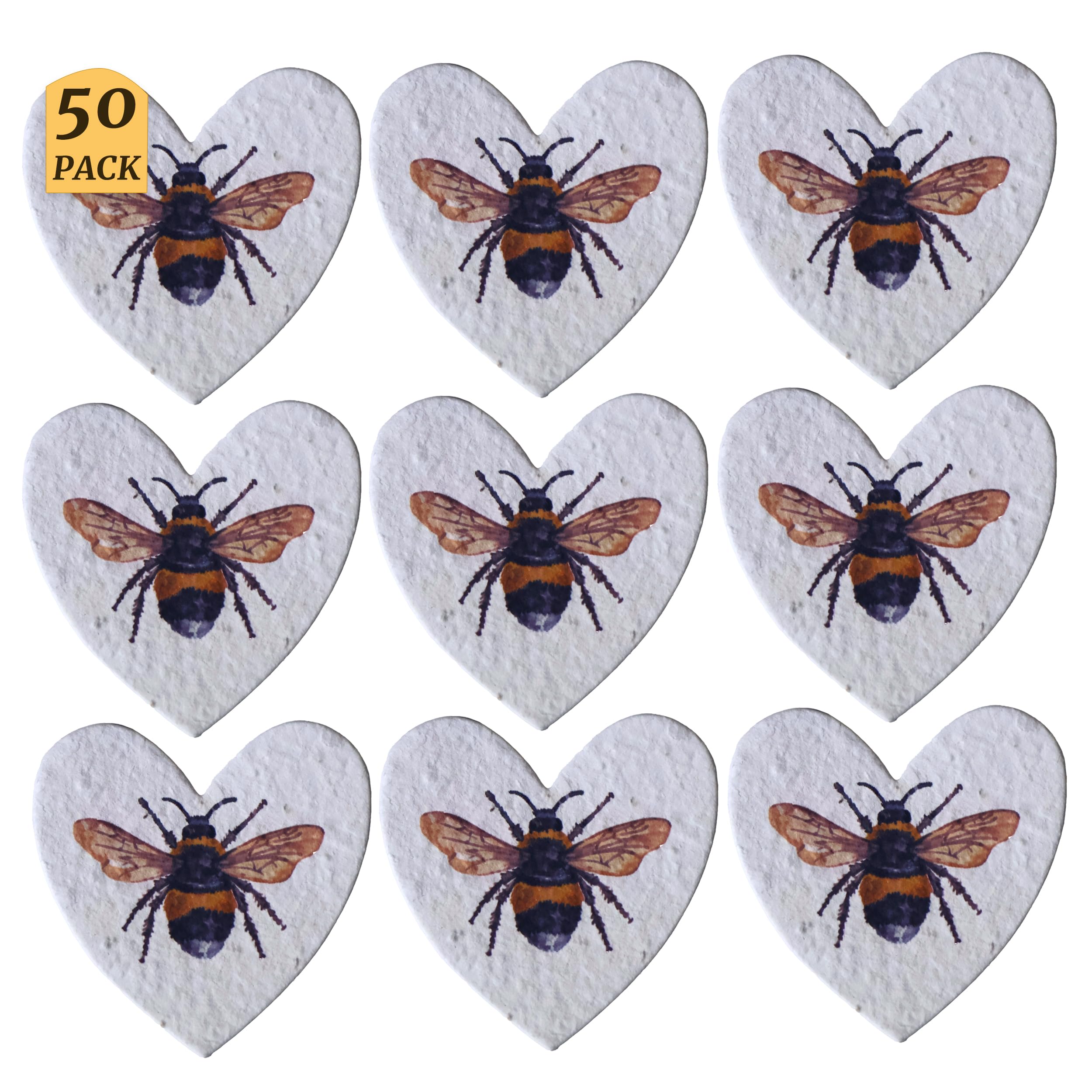 Revive a Bee Plantable Seed Paper Hearts (Pack of 50), Printed White Tailed Bee Wildflower Seeded Paper Rewilding Aid For Weddings, Parties, Funerals