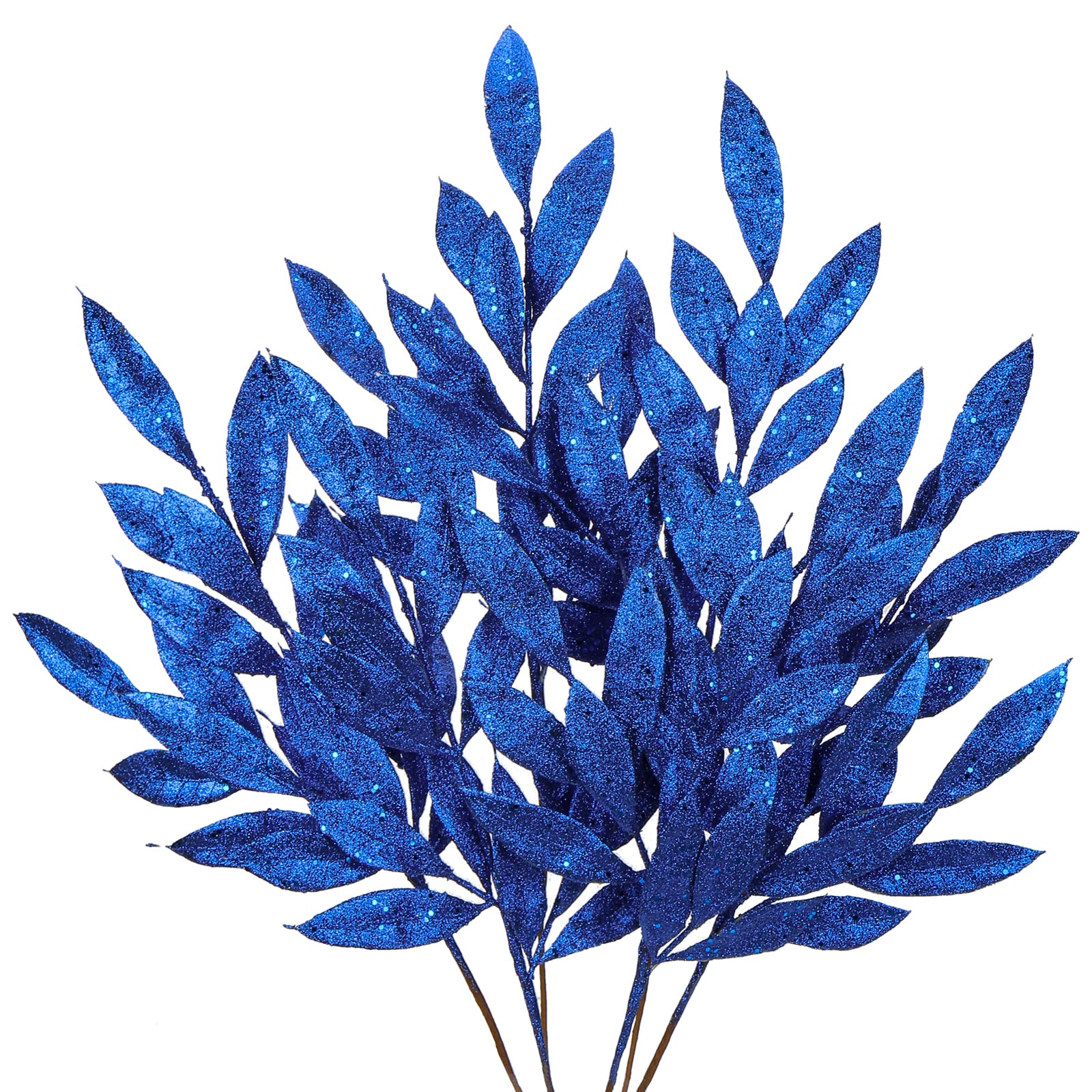 Hollyone 6 pcs Christmas Bay Leaves Glitter Xmas Foliages, 60cm Blue Christmas Tree Decorations, Artificial Leaves Stem Xmas Ornaments for New Year, Wedding, Party, Flower Arrangement