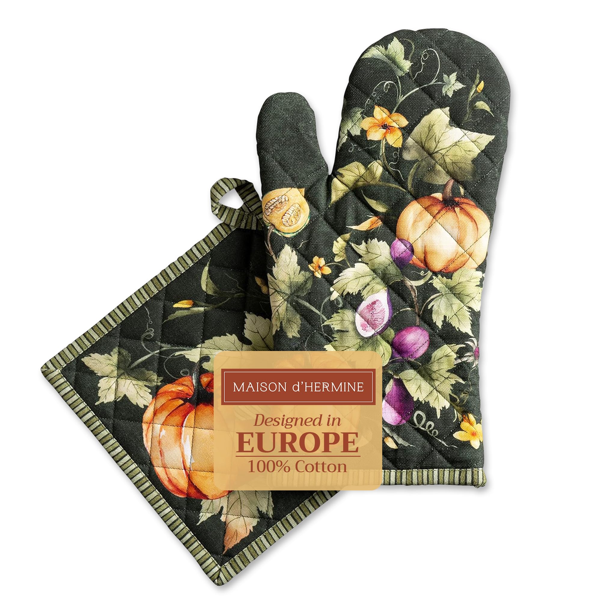 Maison d' Hermine 100% Cotton Oven Mitt & Pot Holder Set (19 x 33 cm & 20 x 20 cm) Heat Resistant BBQ Gloves with Loop for Christmas Decorations Baking Handling Hot Pans (Pumpkin Garden - Dark Green)