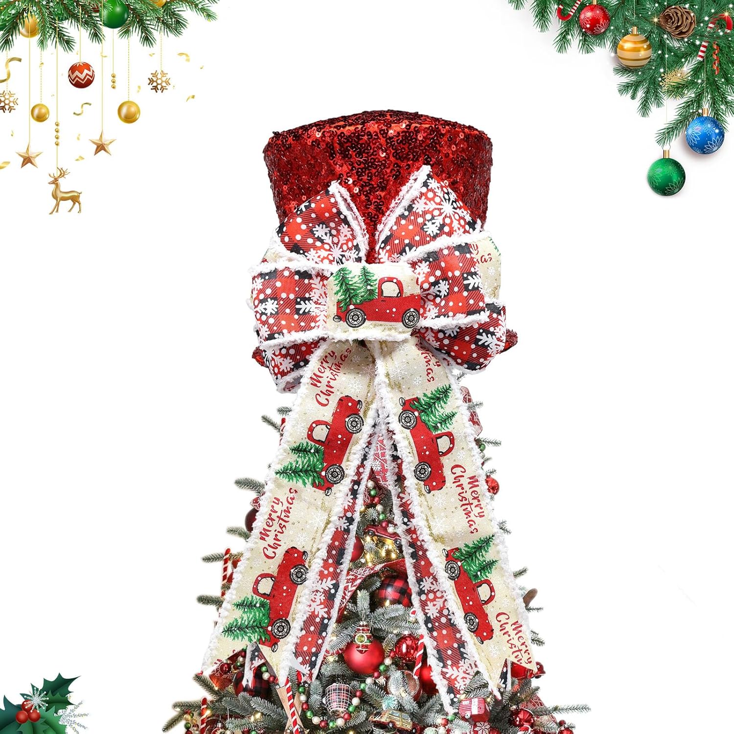 Tree Toppers - Montekin Christmas Tree Topper Hat with Bow, Red Sequins Top Hat Ornament with Truck Pattern Bow, Winter Holidays Xmas Decor for Home Decoration