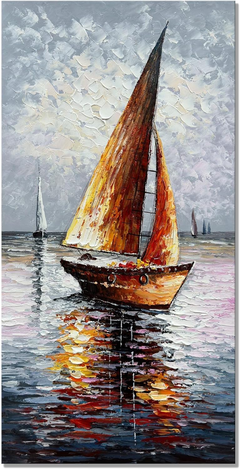 Paintings - zoinart Hand Painted Large Abstract Canvas Wall Art 30x60 Inches Sailboat Oil Paintings for Home Decoration Contemporary Vertical Texture Wall Art Ship Artwork Ready to Hang