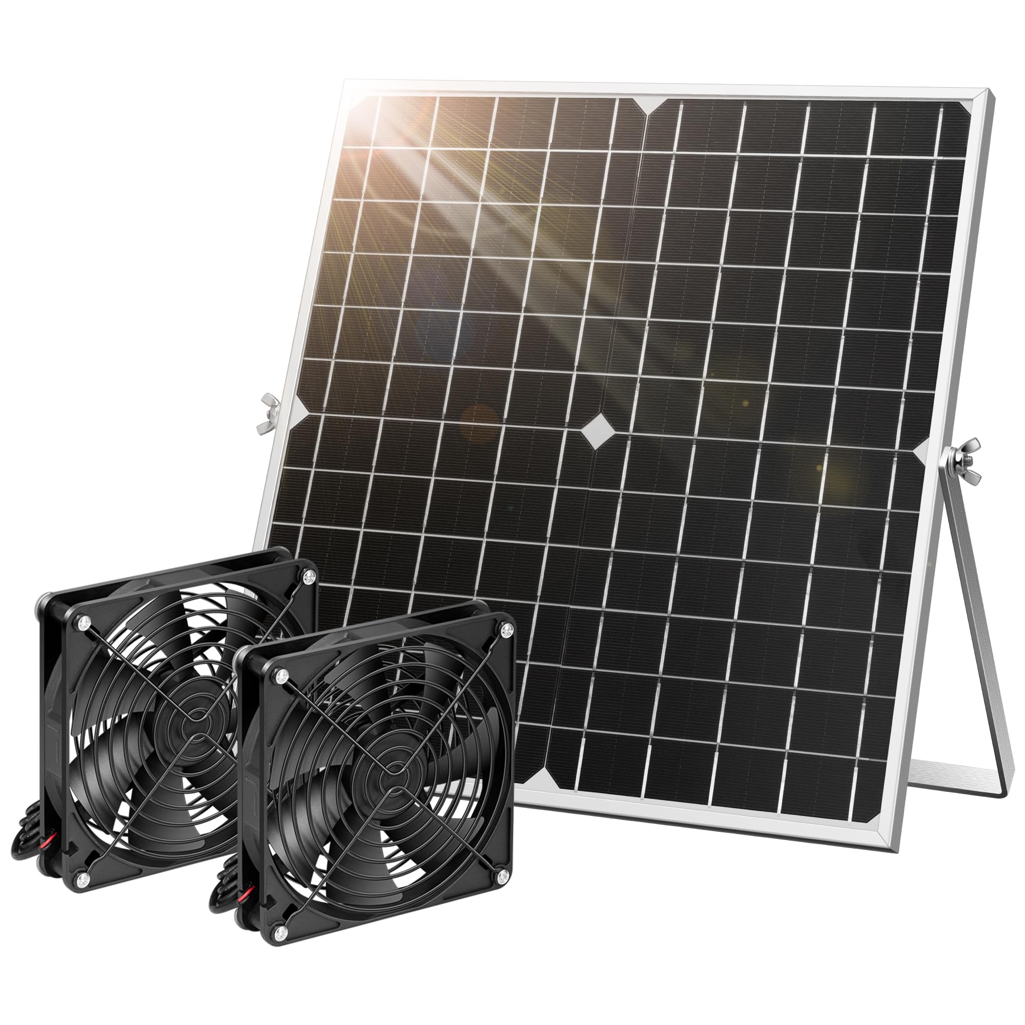 Photo 1 of VIVOSUN 20W Solar Fan Kit, 20W Solar Panel with Two Waterproof Fans, Solar Powered Fan with 16.4ft On/Off Switch Cable for Outside Chicken Coops, Greenhouses, Sheds