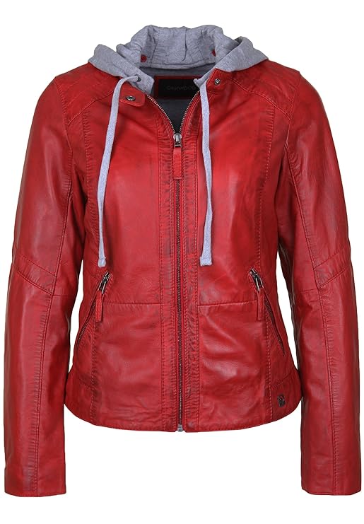 Oakwood Damen Lederjacke mit Jersey-Kapuze Steppnähte