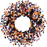 QIANGED Boxwood Halloween Wreaths ，20 Inch Black Purple Orange with Bats and Berries, Artificial Halloween Front Door Wreath for Entryway Wall, Spooky Halloween Door Decor