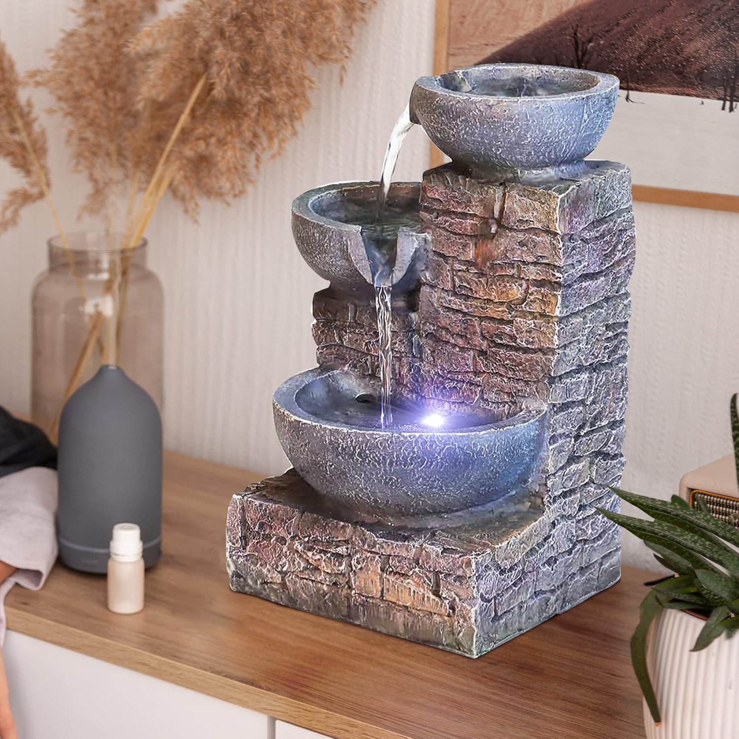 Indoor Fountains & Accessories - Ferrisland Indoor Tabletop Water Fountain - Waterfall Fountains Relaxation Water Feature Desktop Fountain with LED Light for Home and Office Indoor