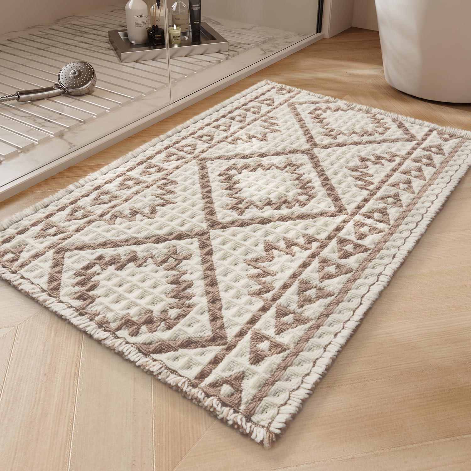 PADOOR-Waffle Bath Mat-Super Absorbent Bath Mats for Bathroom, Machine Washable Non Slip Bathroom Rug with Tassels, Soft Bathroom Mat for Laundry Room, Bedroom,Cream & Brown 17"x28"