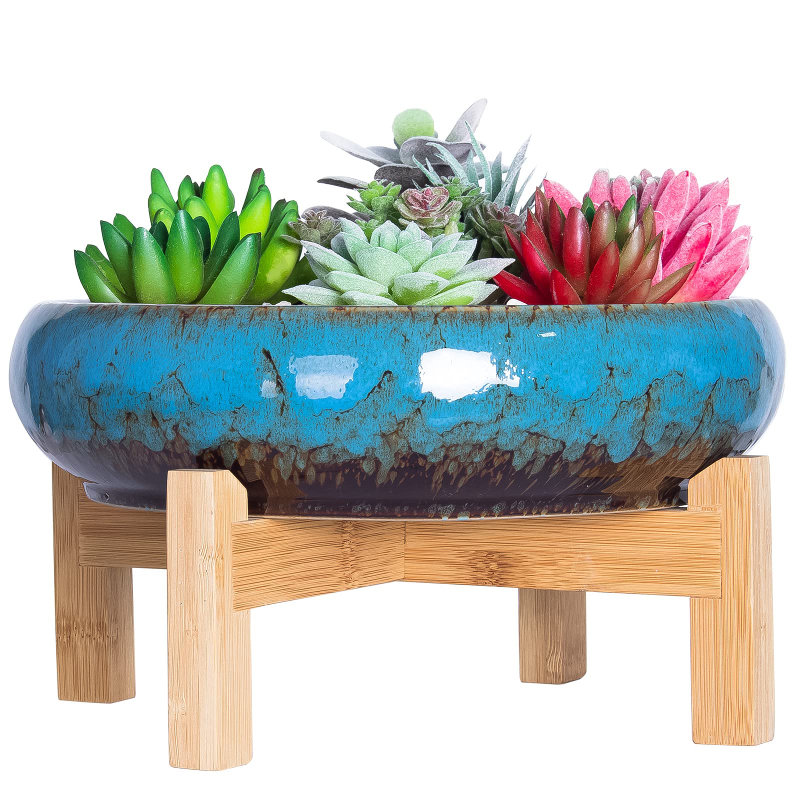 ARTKETTY Succulent Plant Pot - Large Bonsai Pot with Stand Shallow Cactus Plant Pot with Mess Drainage Screen, 25.4 CM Ceramic Flower Plant Container Bowl for Indoor/Outdoor (Blue)