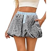 Wenrine Womens Gingham Bubble Mini Skirts Striped Elastic Waist Cute Y2K Skorts Plaid Summer Beach Skirt
