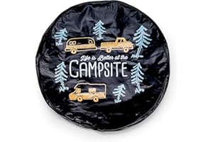 Camco Life is Better at The Campsite Camper/RV Spare Tire Cover | Features a Vibrant Fade Resistant RV Camping Themed Design & Crafted of Durable Vinyl with an Elastic Hem | Fits 29" Wheels (53293)