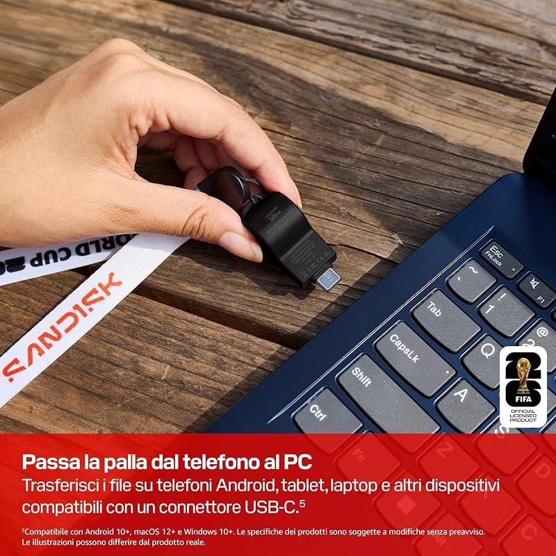 Unità flash USB-C FIFA World Cup 2026 Global Edition da 64 GB (velocità di trasferimento fino a 300 MB/s, l'app SANDISK Memory Zone)