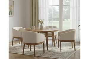 RIVOVA Beige Mid Century Modern Dining Chairs Set of 4, Farmhouse Linen Upholstered Accent Curved Backrest Kitchen Chairs Armchairs with Natural Wood Legs, Beige