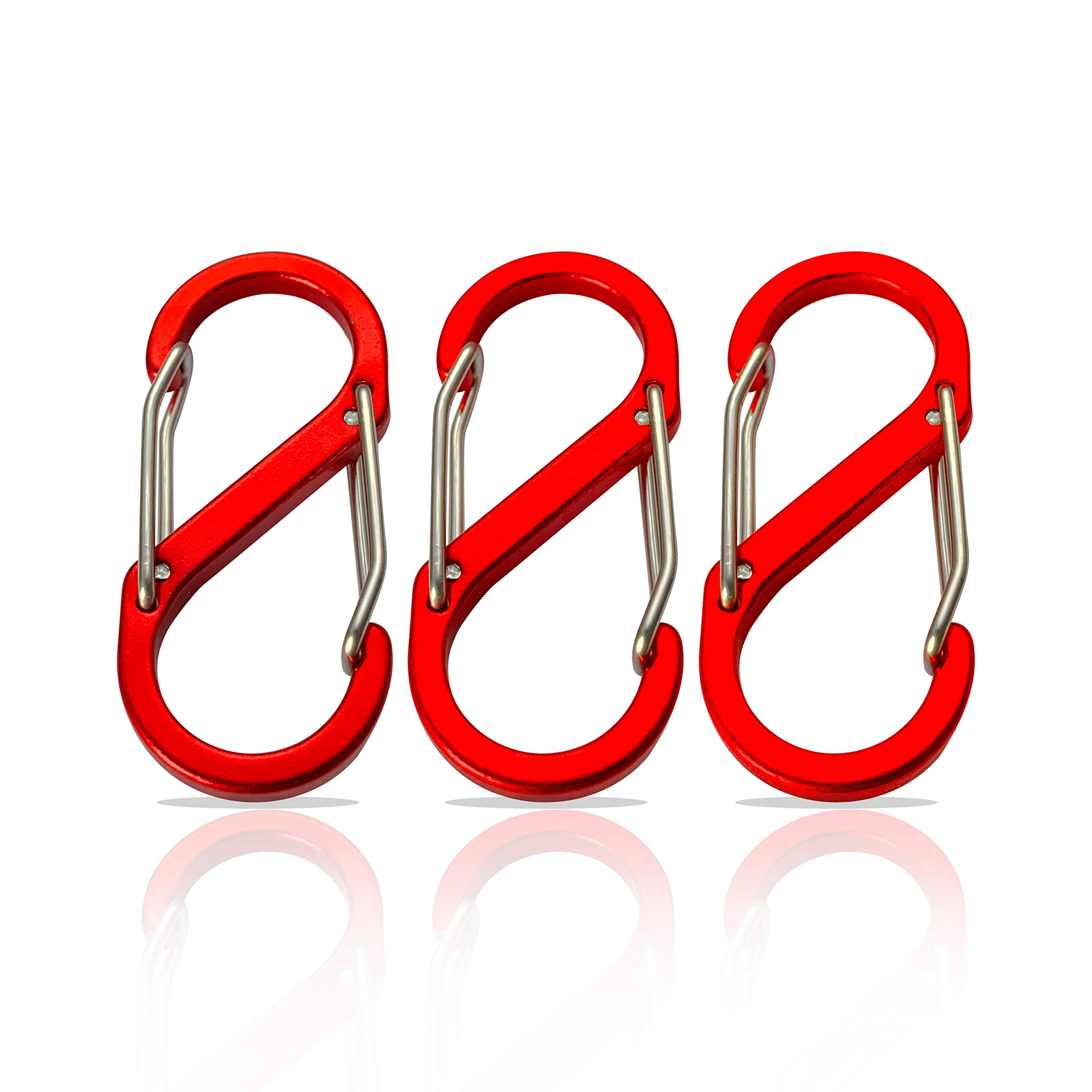 S Carabiner Small – Key Ring with Double Opening – Mini Carabiner Set – Carabiner – Pack of 3 Red (66 x 30 mm)