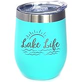 Bevvee Lake Life - Wine Tumbler with Sliding Lid - Stemless Stainless Steel Insulated Cup - Cute Outdoor Camping Mug - Teal