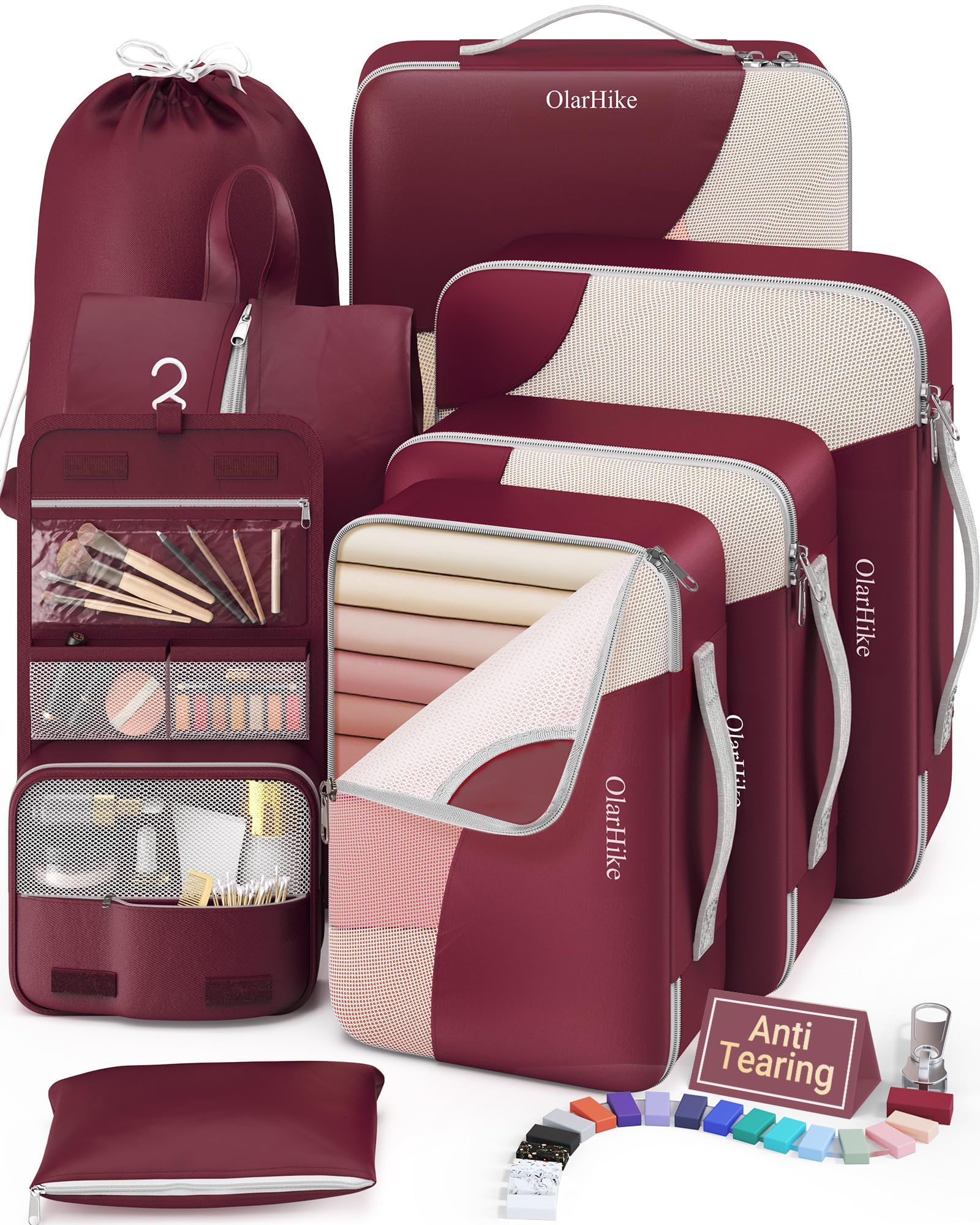 Photo 1 of 8 Set Packing Cubes for Travel, Gifts for Women Mom,Anti-Tearing Suitcase Organizer for Luggage with Shoe & Hanging Toiletry Bag,OlarHike Vacation Essentials & Accessories for Cruise Ship,Wine