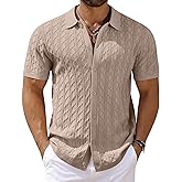 COOFANDY Men's Knit Short Sleeve Shirts Button Down Vintage Knitted Polo Shirt Casual Beach Crochet Cable Vacation Shirt