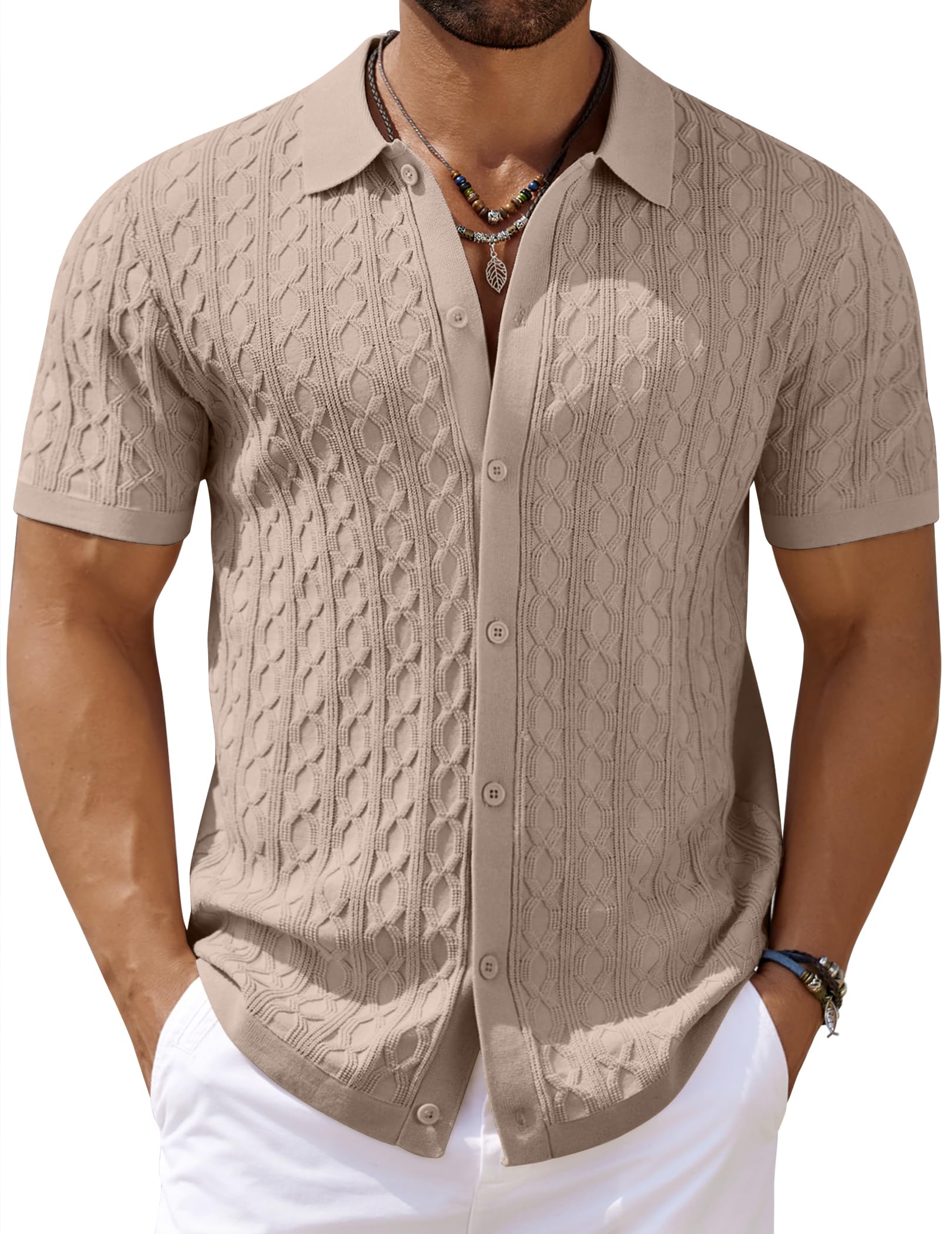 Photo 1 of COOFANDY Men's Knit Shirts Button Up Short Sleeve Open Knitted Polo Shirt Summer Beach Casual Shirts Big and Tall Shirts Khaki 3xl