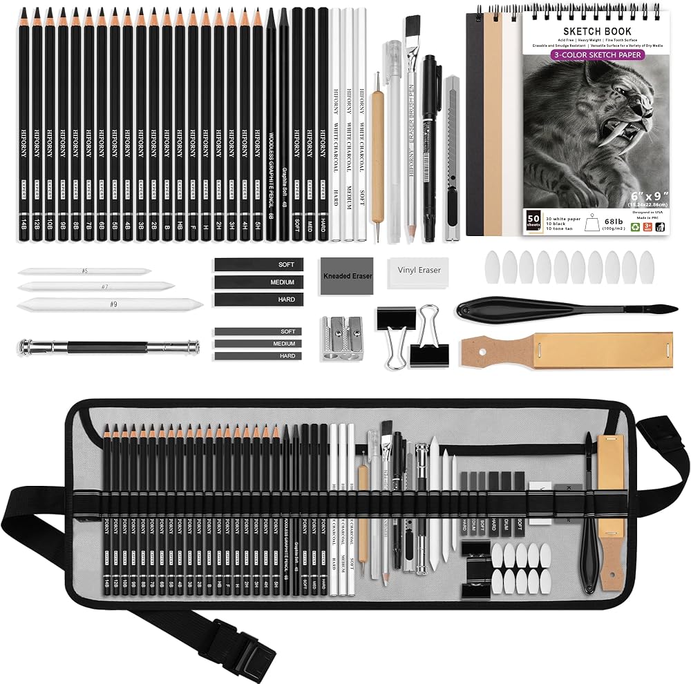 HIFORNY 60 Pcs Drawing Kit Sketch Pencils Set with 3-Color Sketchbook