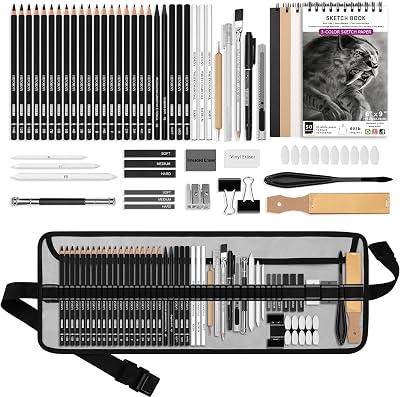 HIFORNY 60 Pcs Drawing Kit Sketch Pencils Set with 3-Color Sketchbook