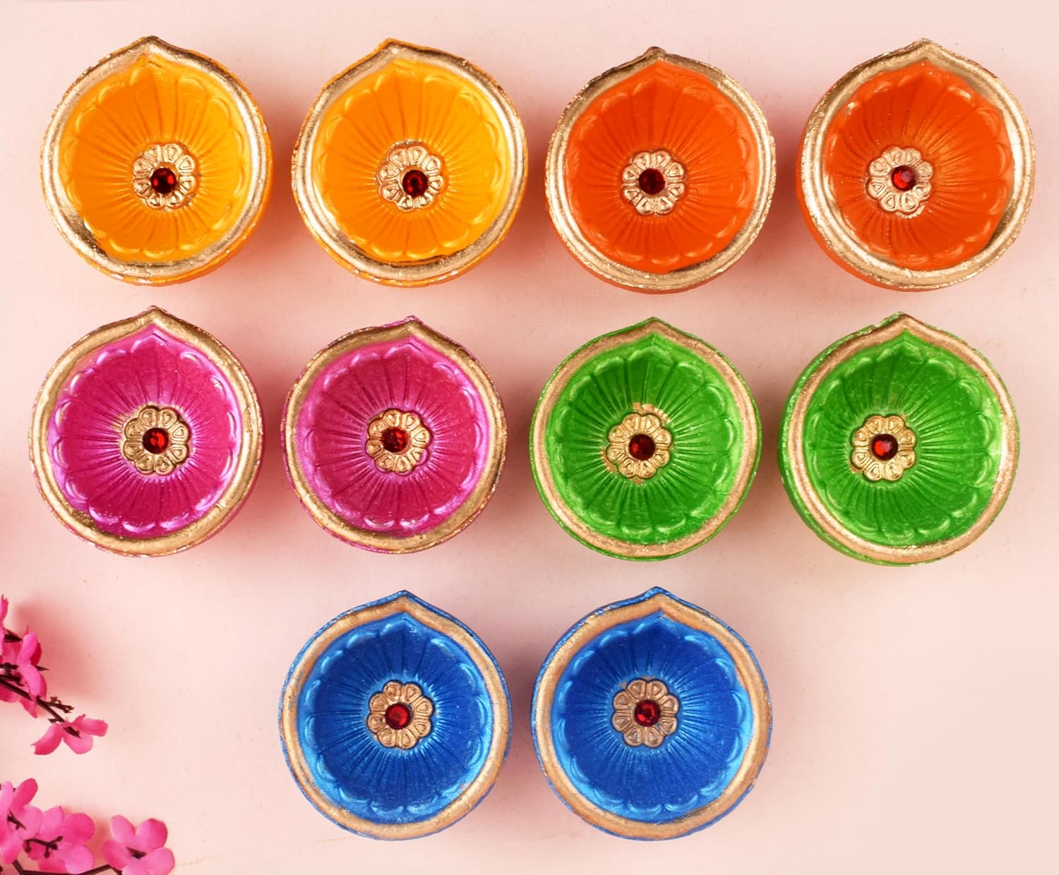 Oil Lamps & Accessories - SATVIK 10 Pc Multicolor Clay Diya Terracotta Dia Traditional Puja Vilakku Oil Lamp Natural Mitti Diya Tea Light Welcome Diwali Deepawali Navratri Pooja Décorations Indian Housewarming Return Gift Item