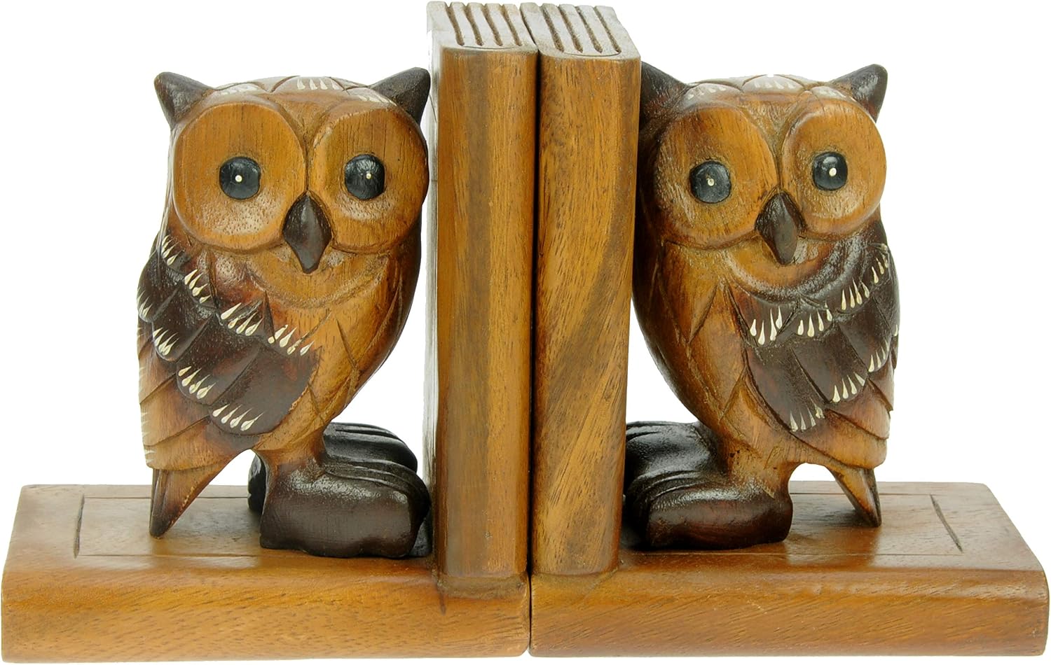 Namesakes® Wooden Owl Bookends Carving, Handmade from wood, Unique & Quirky Owls Hand Carved, Includes anti slip pads