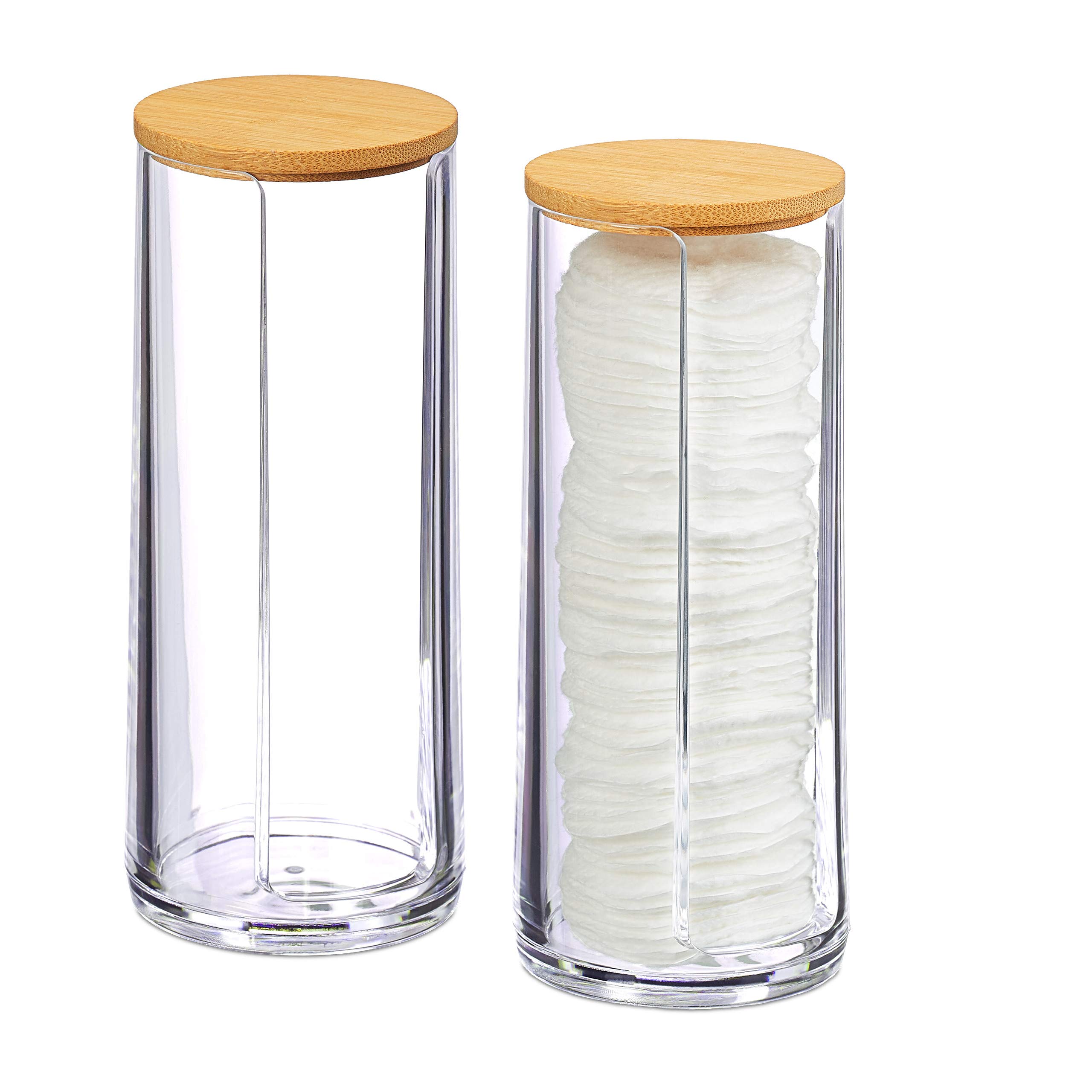 Relaxdays Cotton Pad Storage Tower Set of 2, Acrylic, Round, Lidded Bathroom Dispenser, 20x7 cm, Clear/Natural