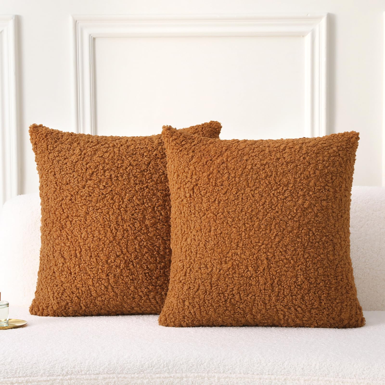 Photo 1 of FUTEI Rust Throw Pillow Covers 18x18 Inch Set of 2,Furry Faux Fur Teddy Boucle Textured Cushion Covers,Soft Fluffy Decorative Pillow Case,Home Decor for Couch Bed Living Room Office Car