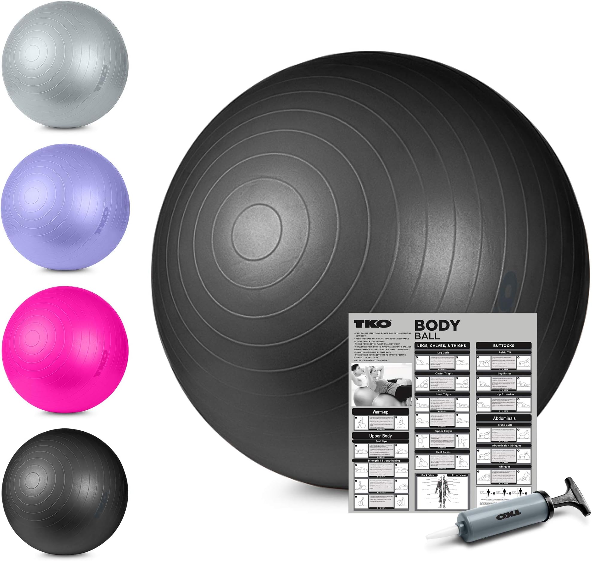 TKO Stability Exercise Ball - Multiple Sizes - for Stability, Fitness, Office, Gym, Balance & Yoga- Workout Guide & Pump Included- Anti Burst - Professional Quality