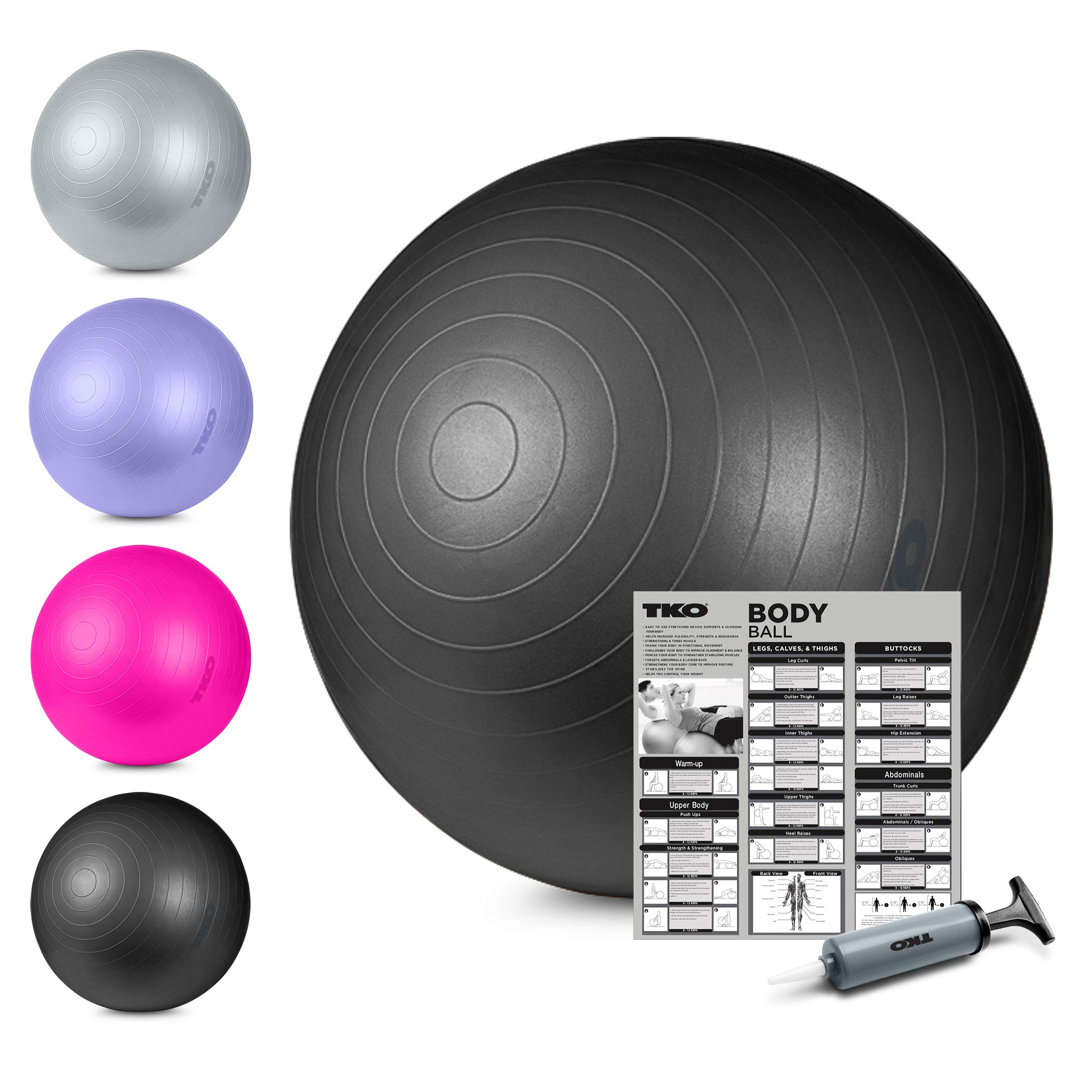 TKO Stability Exercise Ball - Multiple Sizes - for Stability, Fitness, Office, Gym, Balance & Yoga- Workout Guide & Pump Included- Anti Burst - Professional Quality