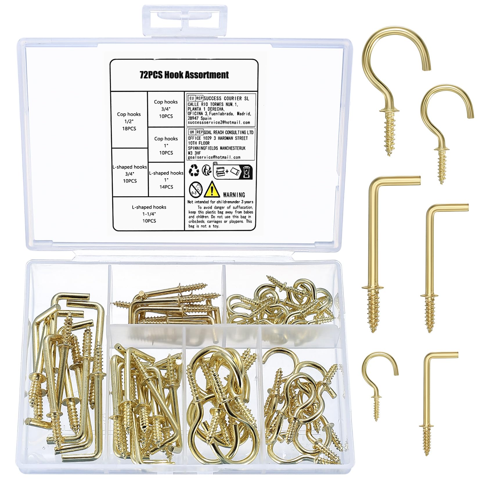 Hmkesoteric 72 Pcs Screw Hooks for Hanging Hooks: 38 Screw in Hooks + Square Hooks Dresser Cup Hooks, Heavy Duty Ceiling Hooks, Metal Hook Screws, Screw-in Hooks for Hanging Plants Cups, Gold