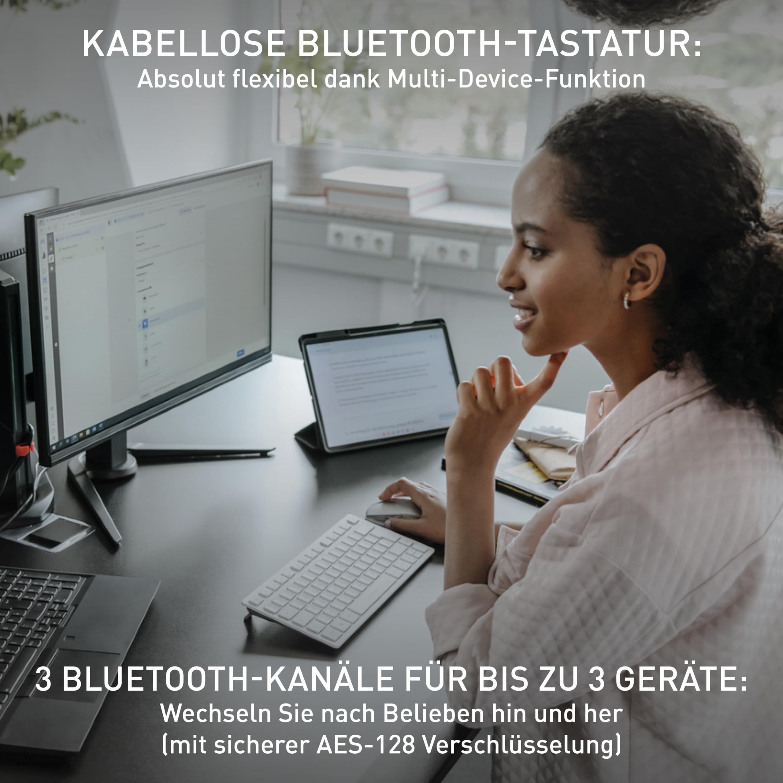 CHERRY KW 7100 MINI BT, Kompakte Multi-Device-Tastatur mit 3 Bluetooth-Kanälen, Deutsches Layout (QWERTZ), Flaches Design, inkl. Transporttasche, Agave Green 2