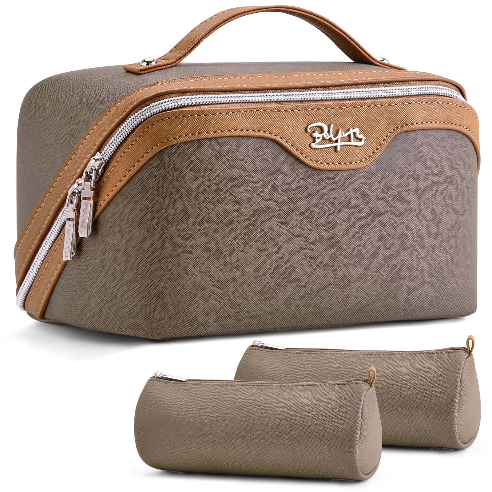 Photo 1 of BOYATU Travel Makeup Bag Organizer Cosmetic Bag: 3 Pcs Set Make up Bags for Women with Handle - Waterproof Vegan Leather Toiletry Bags Travel Essentials Pouch with Compartments (A-02-Grey)