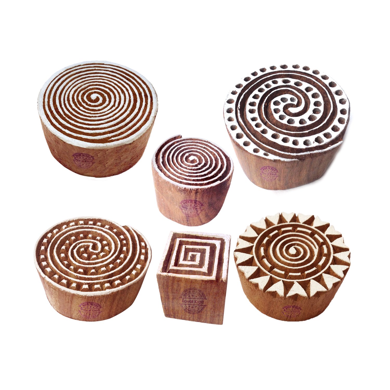 Fabric Print Stamps Handcarved Swirl Round Shape Wooden Blocks (Set of 6)