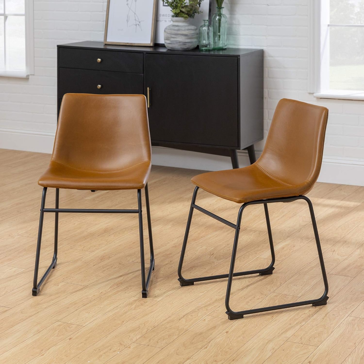 Walker Edison Furniture Company 18" Industrial Faux Leather Armless Indoor Kitchen Dining Chair with Metal Legs Upholstered, Set of 2, Whiskey Brown - Chairs