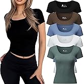 Vomidia 5 Pack T Shirts for Women Square Neck Short Sleeve Crop Tops Casual Basic Fitted Stretchy Tops Fashion Clothes