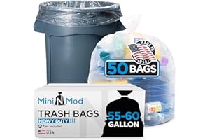 MINI N MOD 55-60 Gallon Clear Trash Bags | 50 Count | Large Clear Plastic Bags for Recycling, Garbage, and Commercial Use – Fits 55 Gallon and 60 Gallon Trash Cans