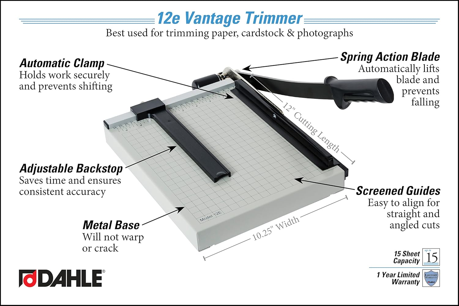 Dahle 12e Vantage Paper Trimmer, 12" Cut Length, 15 Sheet, Automatic Clamp, Adjustable Guide, Metal Base with 1/2" Gridlines, Guillotine Paper Cutter, Black, Gray: Industrial & Scientific
